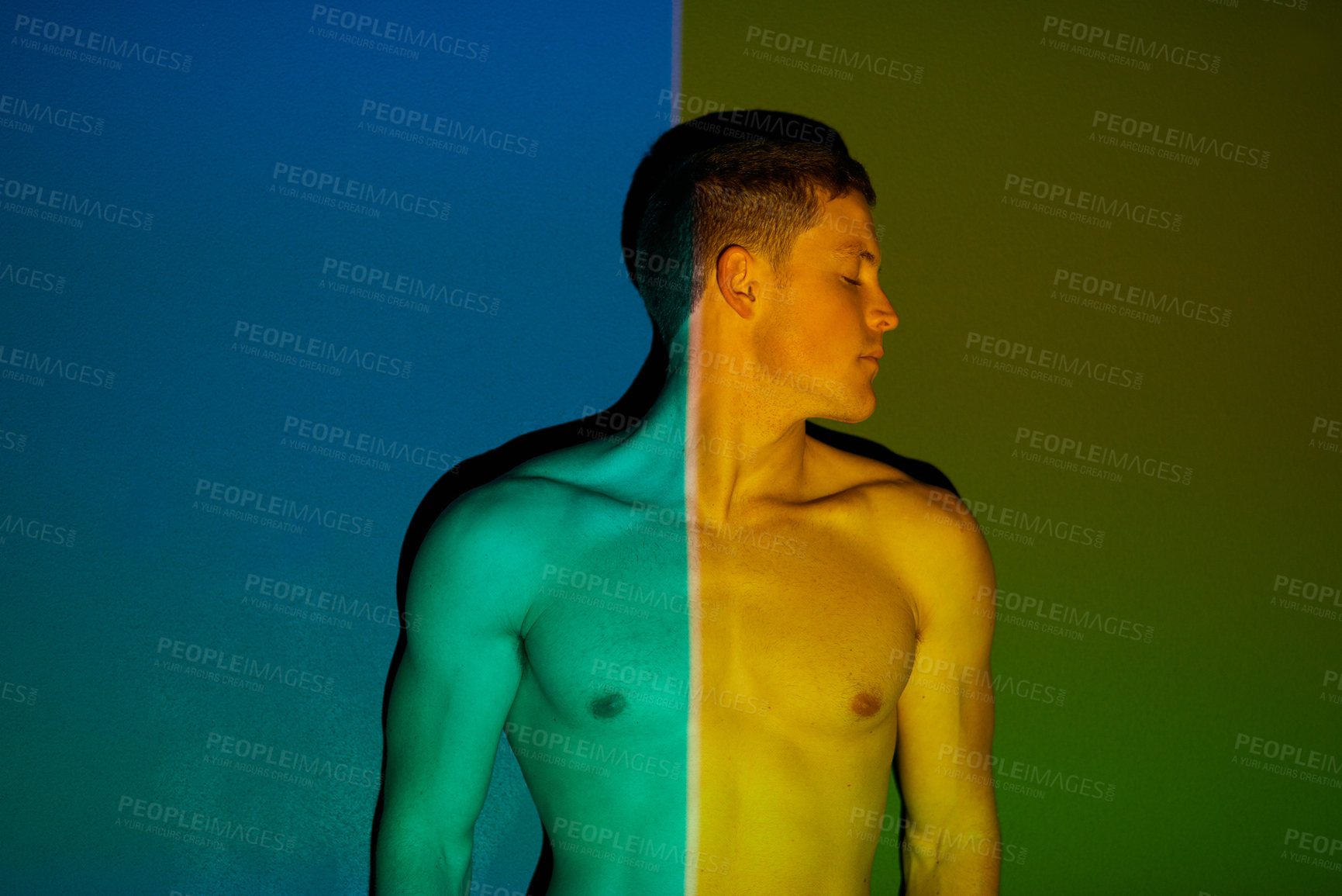 Buy stock photo Neon, body and light in studio for model, fitness and muscle with health, abstract and skin as man. Male person, shirtless and colorful aesthetic for wellness, strong and exercise with thinking idea