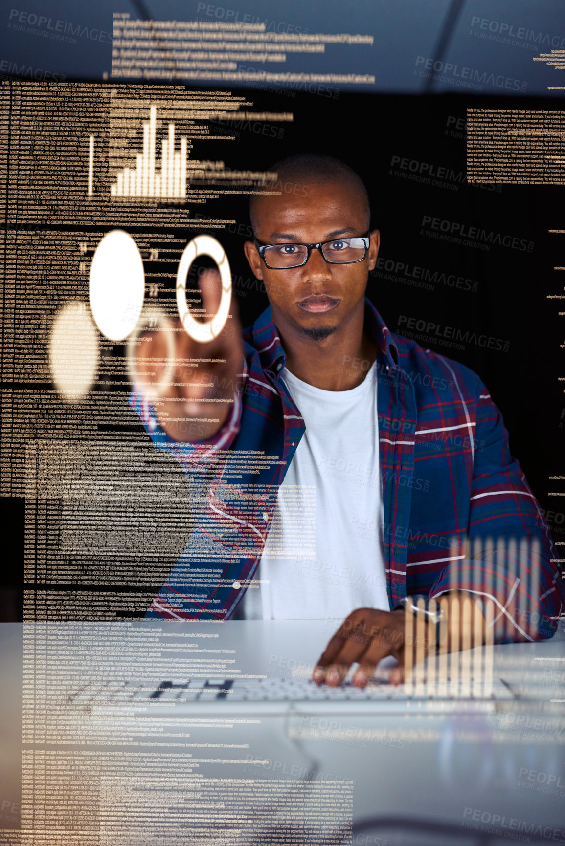 Buy stock photo Cropped shot of a young male programmer working on computer code in his office