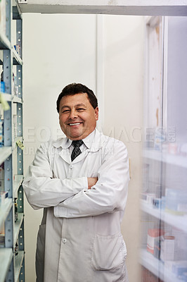 Buy stock photo Portrait of a male pharmacist in a pharmacy