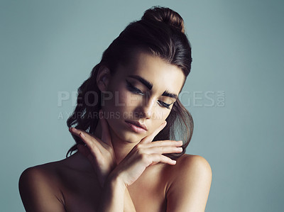 Buy stock photo Beauty, skincare and hands with woman in studio for cosmetics, collagen and facial. Self care, glow and shine with face of female model on background for clean, natural makeup and spa mockup
