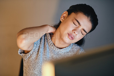 Buy stock photo Woman, office and stress with neck pain on computer for online research, deadline and overtime. Female person, employee and muscle ache or tension with burnout, exhausted and frustrated or night