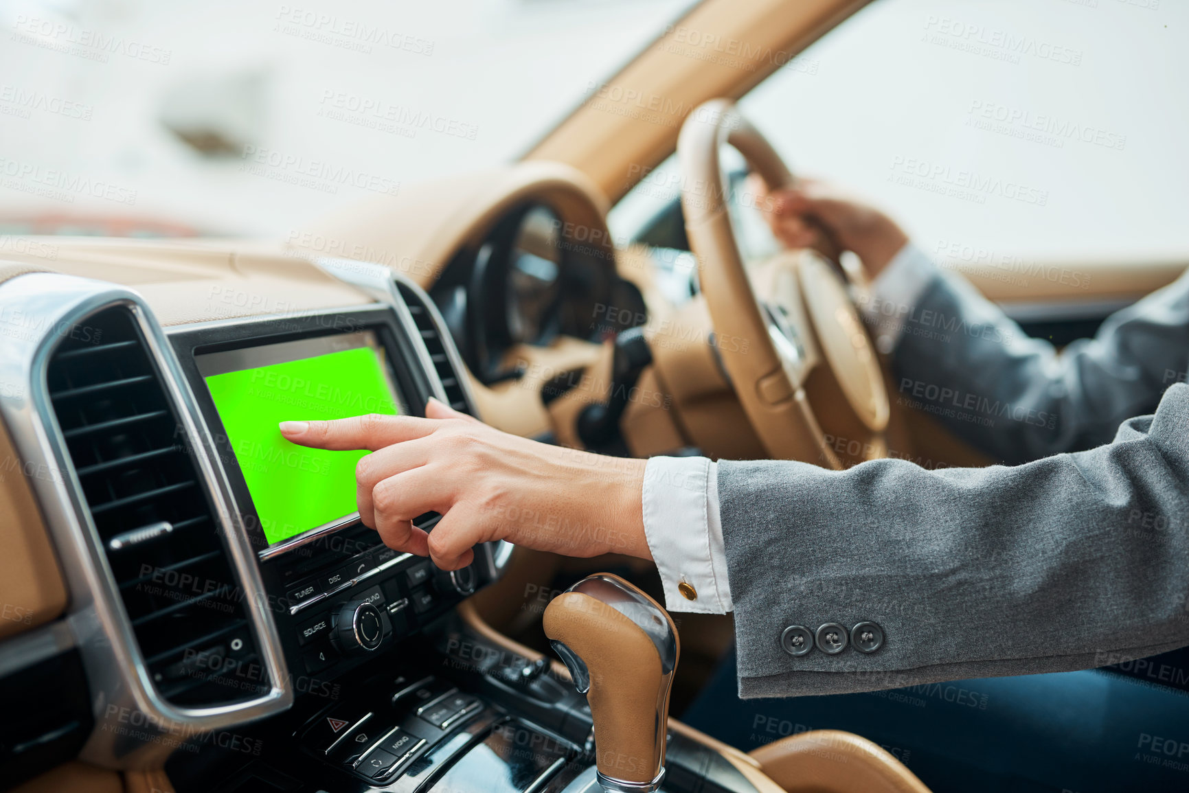 Buy stock photo Business person, car travel and green screen for navigation system with hand pointing to map. Mockup, traffic app and web help with work commute, digital information and drive direction guide on trip