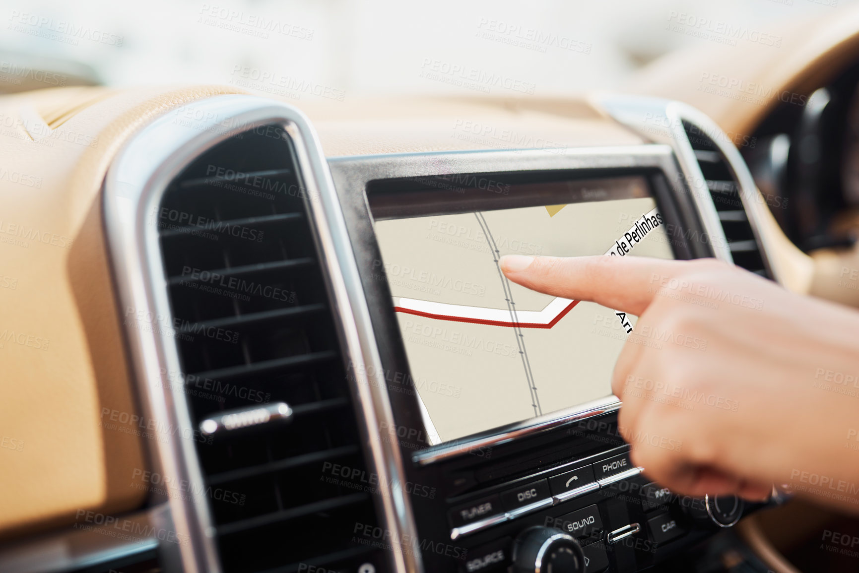 Buy stock photo Business person, car travel and hand on screen for navigation system with pointing to map. Mockup, traffic app and web help with work commute, digital information and drive direction guide on trip