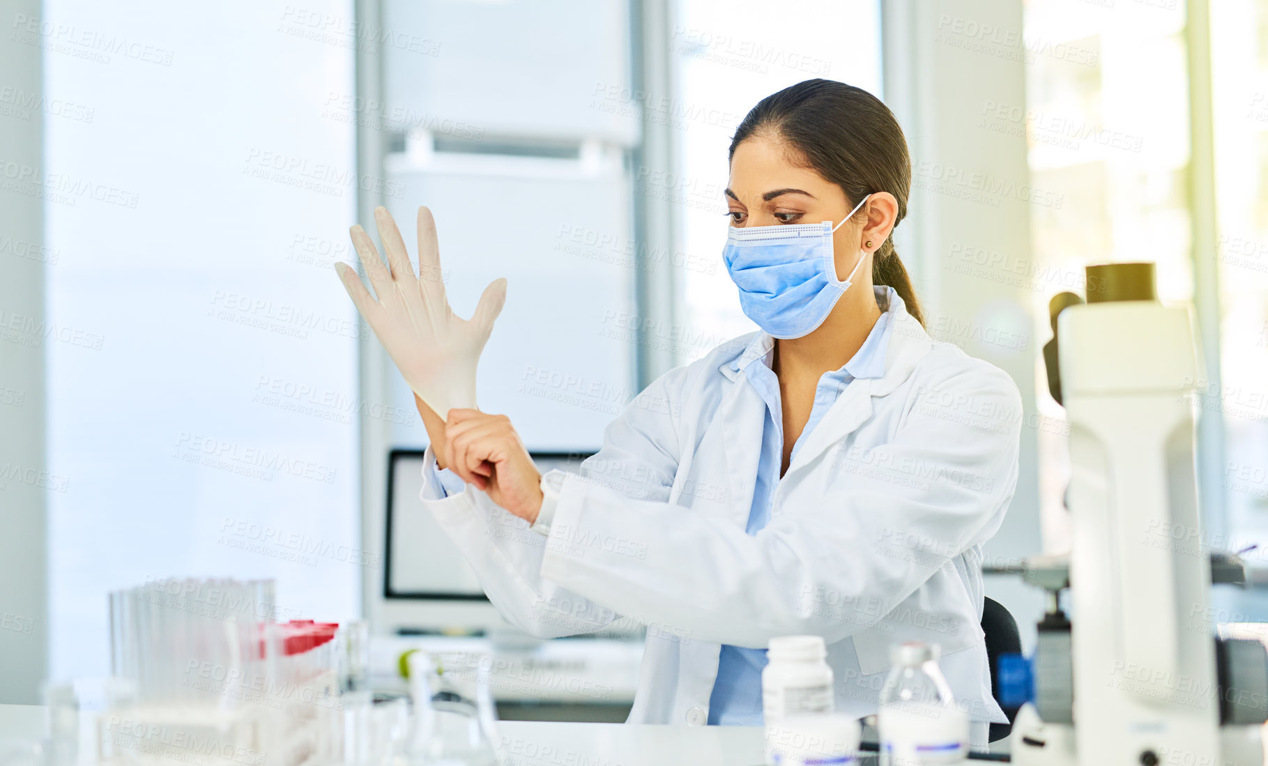 Buy stock photo Shot of a young scientist putting on protective gloves in a lab