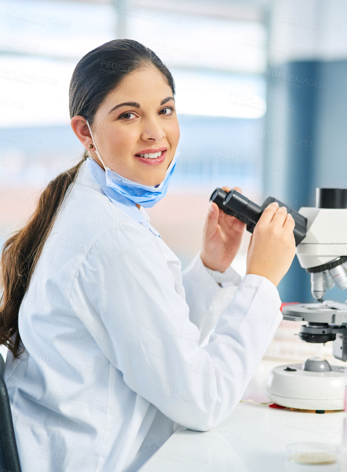 Buy stock photo Woman portrait, scientist and microscope for test in laboratory, sample bacteria and research for vaccine. Female person, biology doctor and equipment for analysis, study rna and experiment for cure