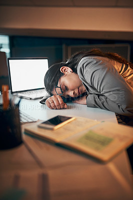 Buy stock photo Business woman, laptop and sleeping in office for burnout, fatigue and overworked with late night. Project manager, technology and tired in workplace for stress, deadline and overwhelmed with nap