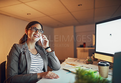 Buy stock photo Woman, international phone call and night in office, networking and schedule deadline with client. Female person, computer screen mockup and chat with business contact, planning and collaboration