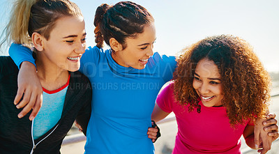 Buy stock photo Shot of a group of young cheerful friends hanging out together before a fitness exercise outside during the day