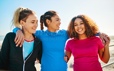 Buy stock photo Portrait of a group of young cheerful friends hanging out together before a fitness exercise outside during the day