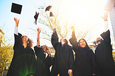 Buy stock photo Graduation, celebration and excited students at university event with education, opportunity or achievement. College, scholarship and happy people at campus ceremony with knowledge, smile and success