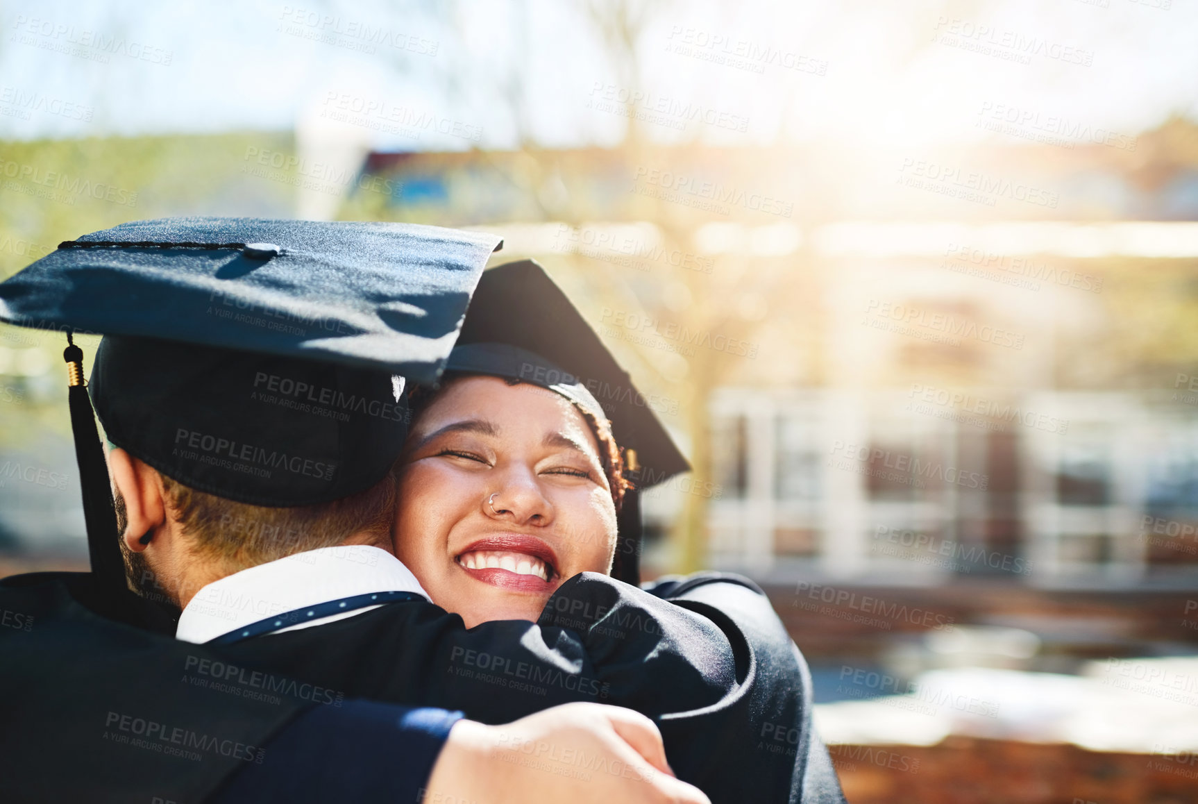 Buy stock photo Happy woman, friends and graduation with hug for achievement, milestone or future together at university. Young female person, students or graduate with smile for embrace, accomplishment or support