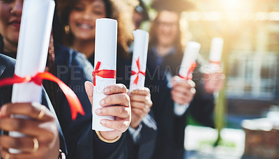 Buy stock photo Graduation, hands and students with certificate at college with education, opportunity or achievement. University, friends and group of people at campus event with knowledge, scholarship and diploma