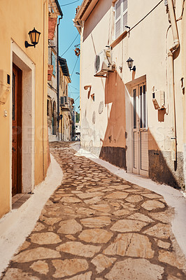 Buy stock photo Shot of a cobble stoned alley way in an ancient, foreign city