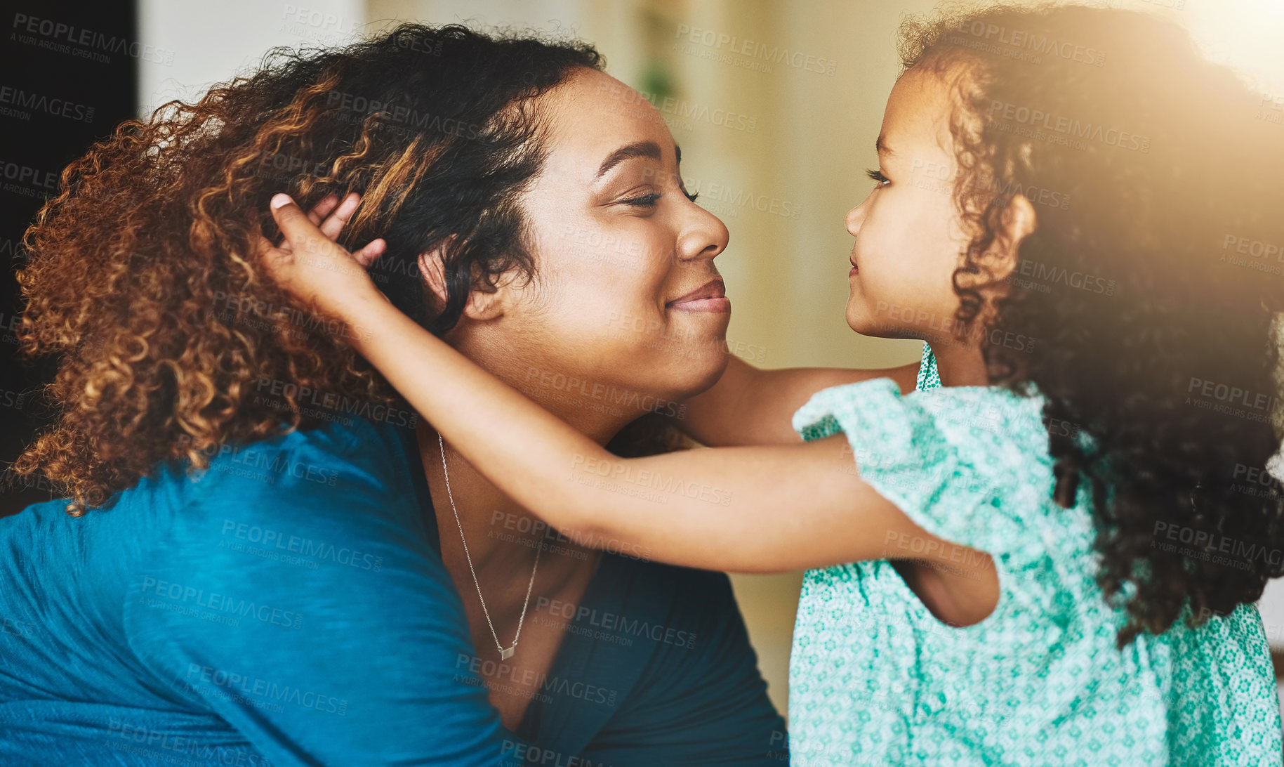 Buy stock photo Happy, care and mom with child, home and affection for woman in living room, talking and bonding with smile. Apartment, trust and daughter with support for mother, family and together with love