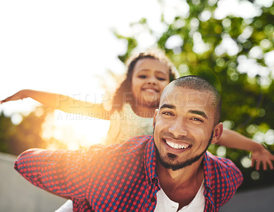 Buy stock photo Happy dad, portrait and piggyback with daughter for bonding, freedom or playing in nature. Father, child or little girl with smile in sunshine for holiday, weekend or playful outdoor day in backyard