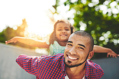 Buy stock photo Dad, girl and portrait in home on piggyback with playing for fun, bonding and child development. Parent, kid and happy man for support, trust and care together for break, relax and love outdoor