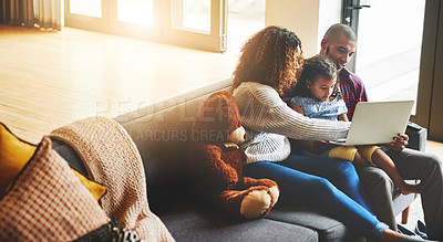 Buy stock photo Mom, dad and kid with laptop on sofa for website, internet and subscription for educational media in family home. Parents, child and watching movie on computer for online streaming, elearning and fun