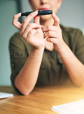 Buy stock photo Hands, woman or blood sugar pen for medical glucometer, diabetes tool or monitor glucose. Closeup, person or employee poke finger with needle to check insulin, diabetic medicine or healthcare testing