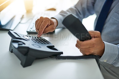 Buy stock photo Hand, telephone and business man dial a number at work or   on desk or call centre for customer service and In the office. Employee, telemarketing and receptionist or consulting and communication 