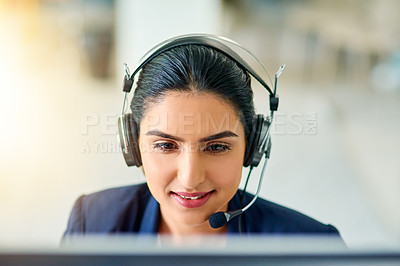 Buy stock photo Call centre, agent and woman in headset with mic or  employee on computer for consulting or customer support in the office. Operator, telemarketing and talking with customer online with advice