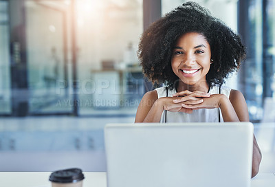 Buy stock photo Cropped shot of an attractive young businesswoman in her office