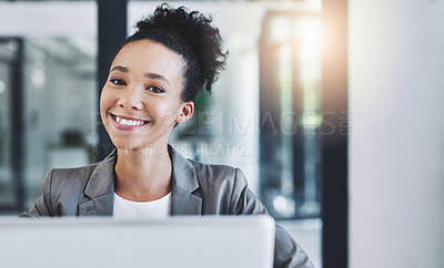 Buy stock photo Happy woman, portrait and computer in office for business, about us or smile for career development. Accountant, tech or relax in Brazil firm for opportunity, finance management or pride for feedback