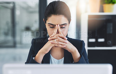 Buy stock photo Laptop, stress or anxiety by business woman in office with headache, nervous or overthinking mistake, report or feedback. Brain fog, fear or startup manager overwhelmed by review, disaster or fail