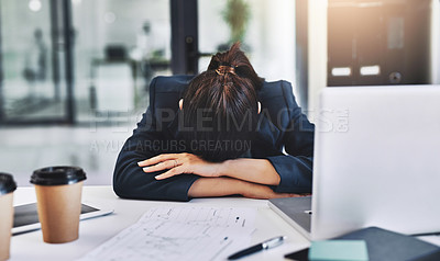 Buy stock photo Cropped shot of an unrecognizable businesswoman sleeping in her office