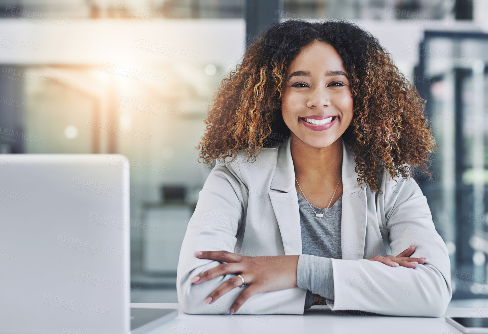 Buy stock photo Business woman, laptop and pride in portrait with office, smile and positive in company as accountant. Female person, technology and happy with arms crossed in corporate or financial agency or bank