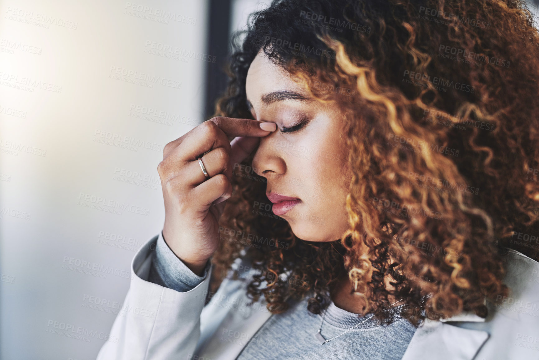 Buy stock photo Stress, tired and business woman in office for company bankruptcy, liquidation and anxiety. Capital withdrawal, investor fail and mistake with profile of African person for pressure and migraine