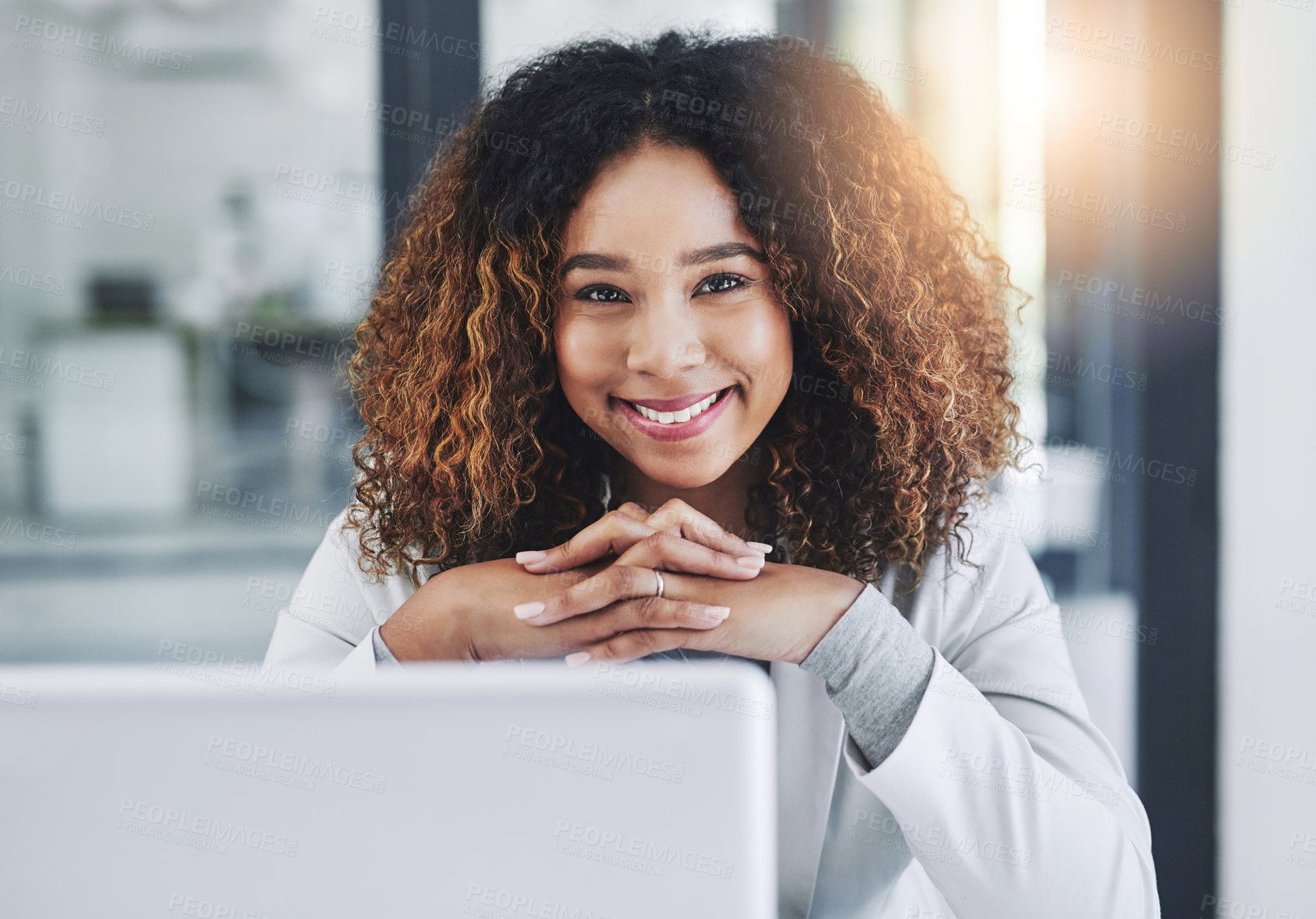 Buy stock photo Career, woman and laptop in portrait with smile in office with confidence, pride and working for company as accountant. Female person, tech and happy in corporate job or financial firm or bank
