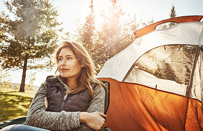 Buy stock photo Happy woman, relax and sunshine with tent for camping, holiday or outdoor weekend in nature. Calm female person enjoying fresh air, freedom or vacation on chair for leisure or trip in forest or woods