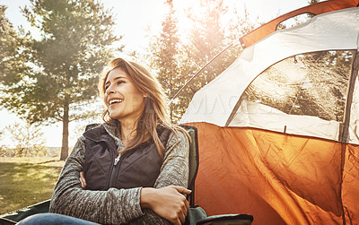 Buy stock photo Shot of a young beautiful woman camping in the forest