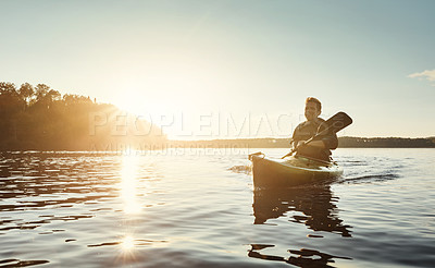 Buy stock photo Man, kayak and boat on river trip for sports adventure or outdoor nature travel. Guy, paddling and sunrise workout for morning relaxation, rowing and fitness on lake or water on holiday or vacation