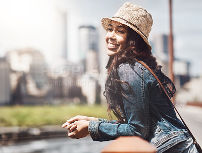 Buy stock photo Shot of a beautiful young woman out exploring the city