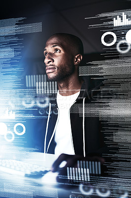 Buy stock photo Black man, overlay and computer as hacker on fraud or cloning for credit card, information and data. Coding, cyber crime and cybersecurity in internet or online banking and install virus for system