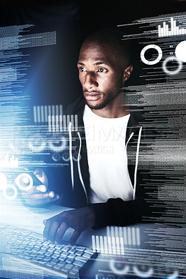 Buy stock photo Cropped shot of a young male hacker cracking a computer code in the dark