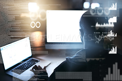 Buy stock photo Rearview shot of a young male hacker cracking a computer code in the dark