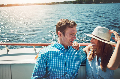 Buy stock photo Couple, ocean and happy on boat for holiday with fun, love and bonding in Bali. People, relationship and smile on cruise or yacht for vacation or honeymoon as tourist for travel, relax and romance