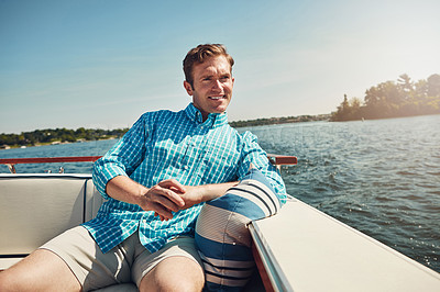 Buy stock photo Relax, thinking or happy man on yacht in ocean for travel, vacation or holiday on outdoor summer adventure. Cruise, tourist and male person with inspiration, ideas or fashion on boat at sea in Greece