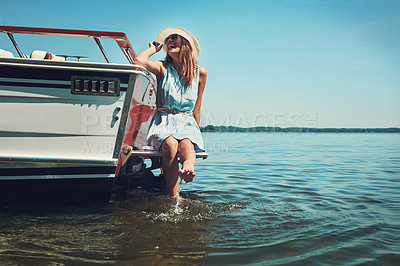 Buy stock photo Sea, splash and thinking with woman on boat for adventure, journey or trip on summer vacation. Luxury, relax and travel with happy tourist person on expensive yacht for weekend cruise or getaway