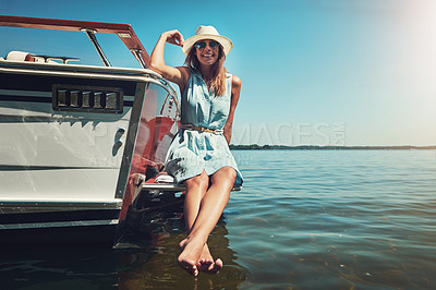 Buy stock photo Cruise, portrait or happy woman on yacht at sea for travel, holiday vacation or summer trip. Relax, cool sunglasses or girl tourist with smile, hat or fashion on boat in ocean for weekend in Greece