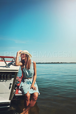 Buy stock photo Space, relax or happy woman on boat in ocean for travel, vacation or holiday on summer adventure. Mockup, tourist or person with smile, peace or inspiration on yacht on sea for weekend trip in Greece