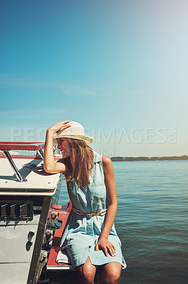 Buy stock photo Space, smile or happy woman on boat in ocean for travel, vacation or holiday on summer adventure. Relax, tourist or girl with mockup, peace or inspiration on yacht on sea for weekend trip in Greece