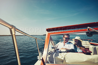 Buy stock photo Ocean, yacht and couple with man for driving, adventure and vacation journey in Sweden. Happy people, husband and wife in lake for honeymoon, romantic and sailing for bonding together in boat outdoor