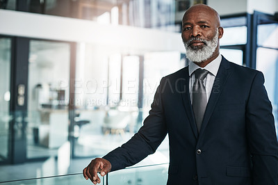 Buy stock photo Portrait of a mature businessman standing in a modern office