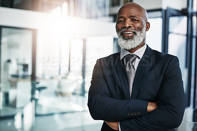 Buy stock photo Manager, portrait and mature black man with arms crossed for corporate career, business or leadership. Face, professional or smile of confident entrepreneur, ceo or sales advisor in office in Nigeria