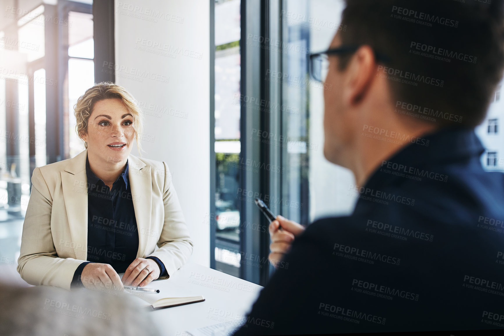 Buy stock photo Business people, meeting and discussion for idea, strategy or planning in marketing or advertising at the office. Employee workers in business meeting, conversation or interview for corporate plan