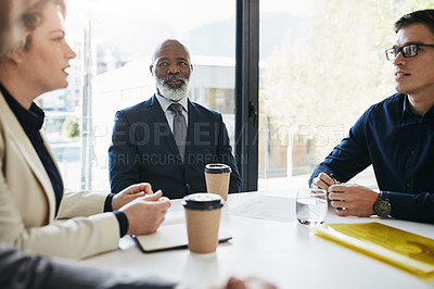 Buy stock photo Investment, teamwork or business people in business meeting, invest strategy or planning company finance. Collaboration, thinking or networking on tax data analytics or global financial network goal