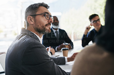 Buy stock photo Startup, planning and business meeting with people listening to ideas for sales growth in development project. Partnership, collaboration or employees talking, b2b training or speaking of kpi target